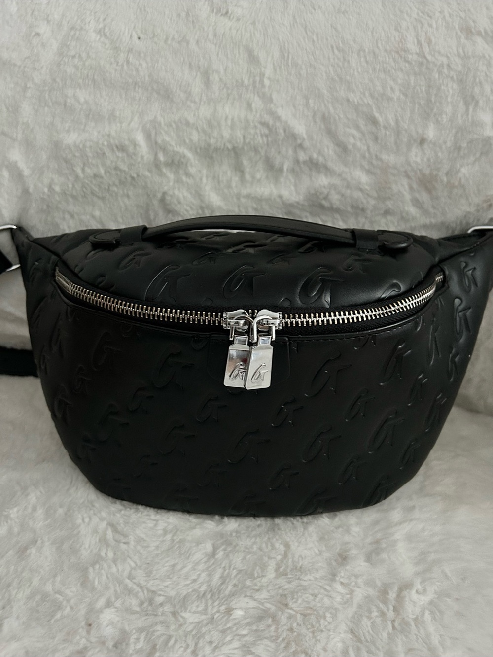 Glam-Aholic Black Embossed G Fanny pack with Silver Hardware